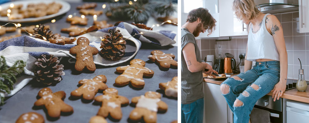 Baka pepparkakor. Avsluta med att njuta av det färdiga resultatet framför den tända brasan.